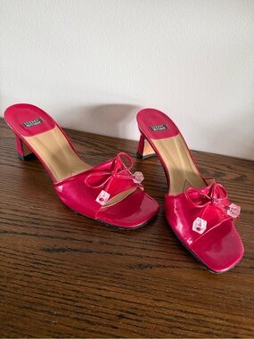 Stuart Weitzman Hot Pink Open-Toe Mule Heels with Bow